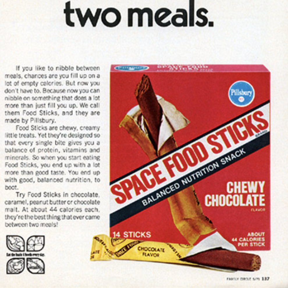 space food sticks 70s - two meals. If you to nibble between meals, charices are you fill up on a lot of empty calories. But now you don't have to. Because now you can nibble on something that does a lot more than just fill you up. We call them Food Sticks